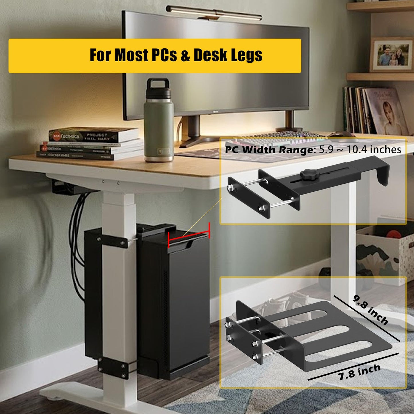 Under Desk PC Mount for Standing Desk, Universal Clamp-On PC Desk Mount with 10PCS Adhesive Cable Clip, No Drilling Heavy Duty Adjustable Computer Case CPU Holder Fits Most Towers, Holds Up to 44Lbs