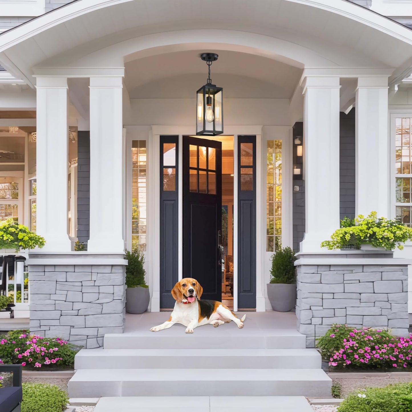 15'' Outdoor Pendant Light, Modern Outside Chandelier Outdoor Hanging Lantern Light, Matte Black with Clear Glass, Exterior Pendant Lighting Fixture for Porch, Yard, Gazebo, 1Pack