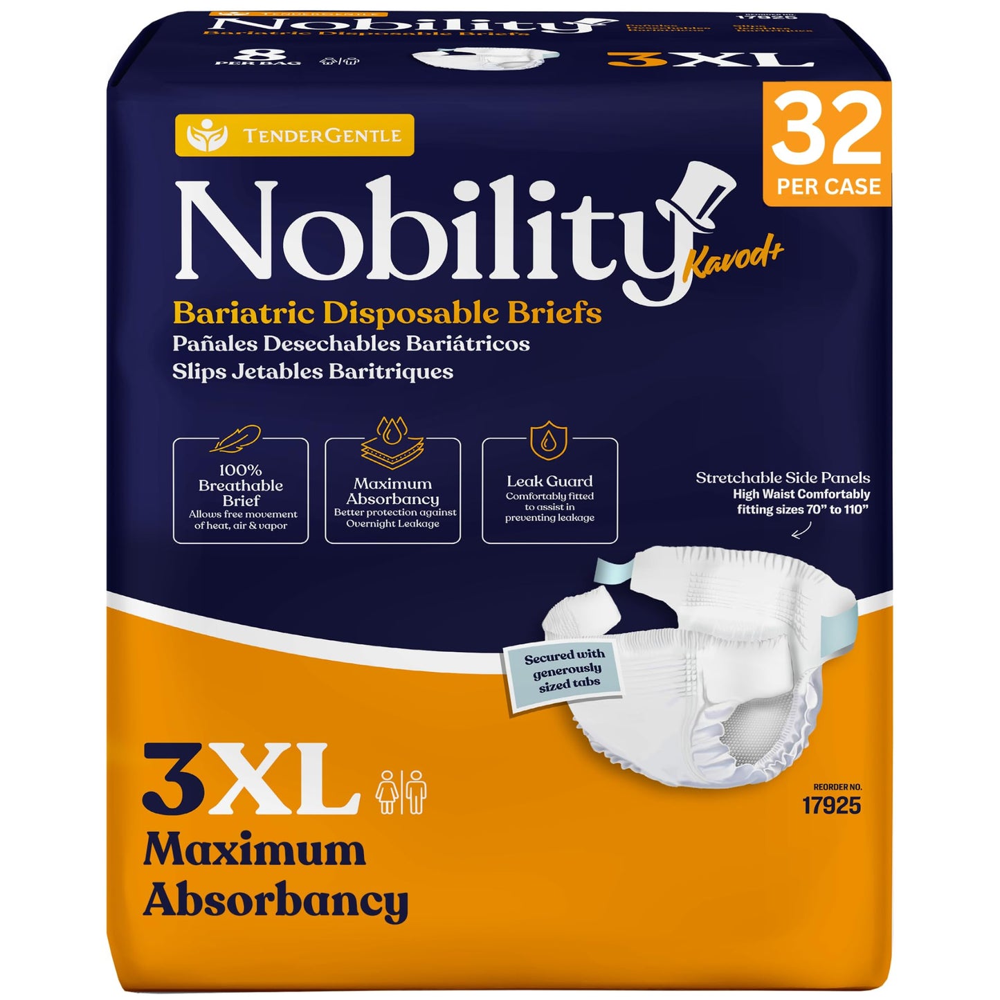 3XL Adult Diapers for Women and Men - Case of 32 Bariatric Disposable Briefs with Tabs and Stretchable Side Panels - Breathable with Max Absorbency