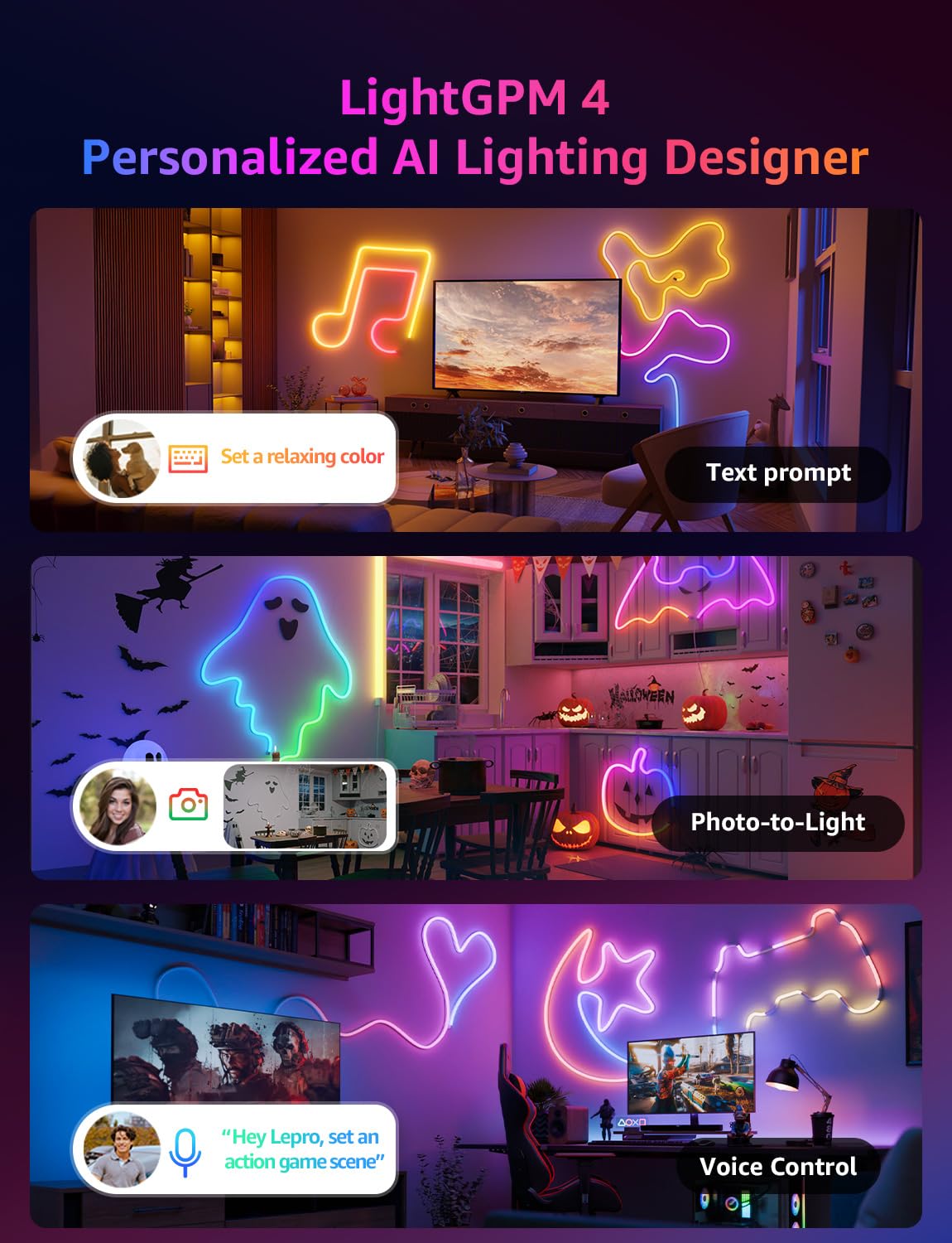 Lepro N1 AI LED Neon Lights, RGBIC LED Lights, Work with Google/Alexa, Personalized AI Lighting Designer, IP65 Outdoor Led Strip Lights Waterproof, Music Sync, LED Lights Strip for Bedroom, 20FT