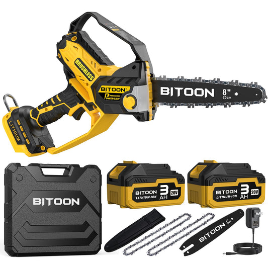 BITOON 8-Inch Mini Chainsaw with 2PCS 3.0Ah Battery and Charger, Auto-Oiler, Brushless Cordless 8-Inch and 6-Inch 2-in-1 Pruning Chain Saw, Portable Electric Chainsaw for Cutting Wood, Branches Yellow