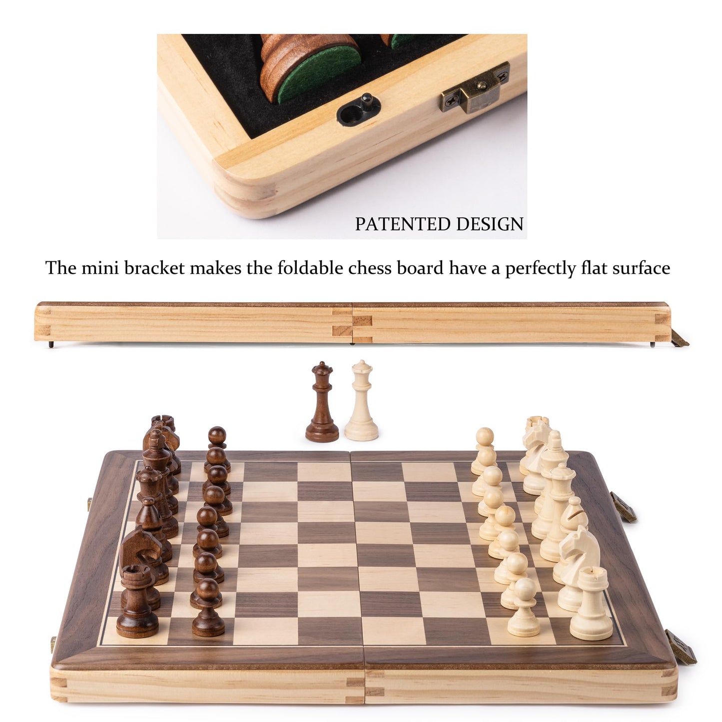 A&A 15" Wooden Chess Set/Folding Board / 3" King Height German Knight Staunton Chess Pieces/Walnut & Maple Inlaid /2 Extra Queen