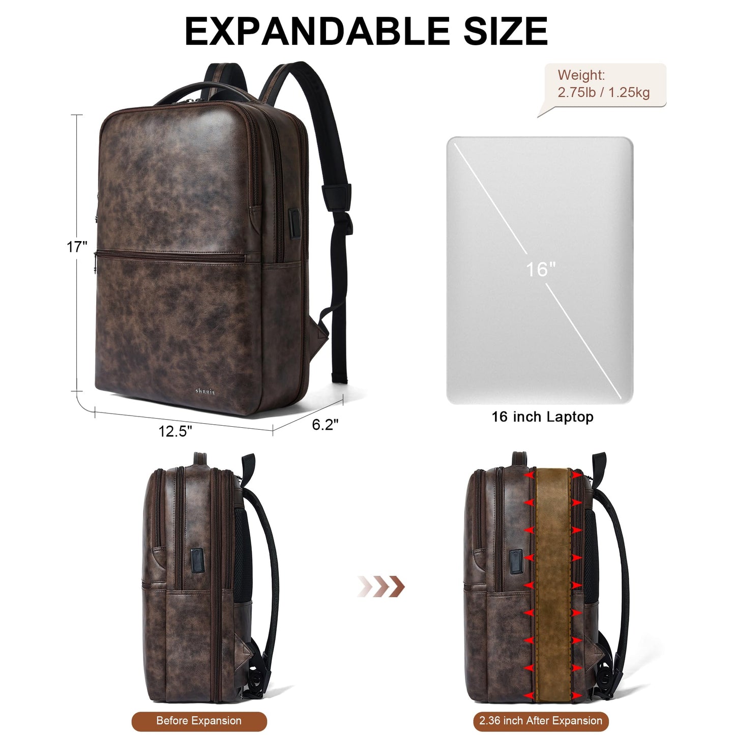 Vegan Leather Laptop Backpack for Women&Men,16 Inch Expandable Backpack with USB Charging Port,Two-toned Coffee