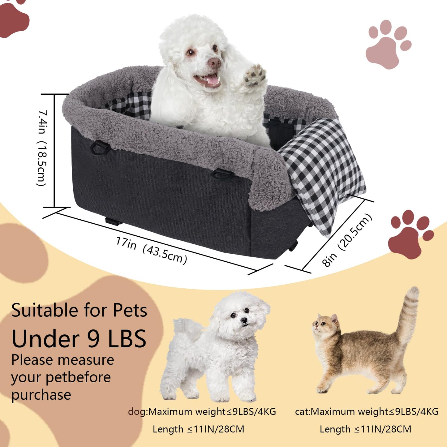 Console Small Dog Car Seat, Metal Frame Support Pet Car Seat, Soft Padded Upgraded Pet Portable Safety Booster Seat with Removable Headrest, Small Dog Car Console Safety Seat (Dark Gray)