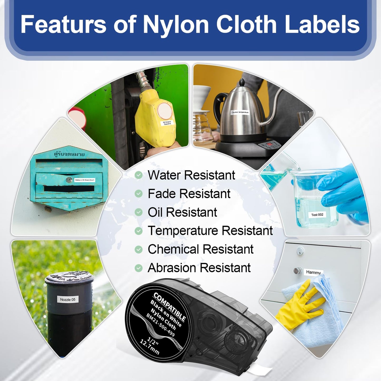 Compatible M21-750-499 Nylon Cloth 3/4 Inch Black on White Label Tape, for Wire and Cable, Used for M210, M211, BMP21 Plus, BMP21 LAB Printer, 0.75" x 16', 3-Pack