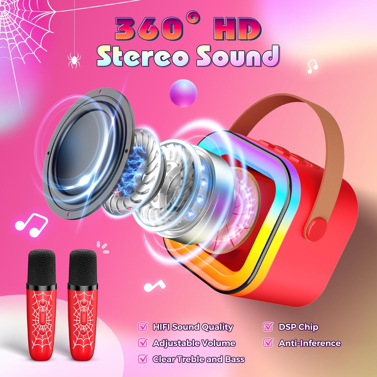 Spider Mini Karaoke Machine Kids, vicia Toys for 3 4 5 6 7 8 Year Old Boys Bluetooth Speaker with 2 Karaoke Microphone Christmas Birthday Gifts for 3-5 6-8 8-12 Year Old Boys Girls Adult