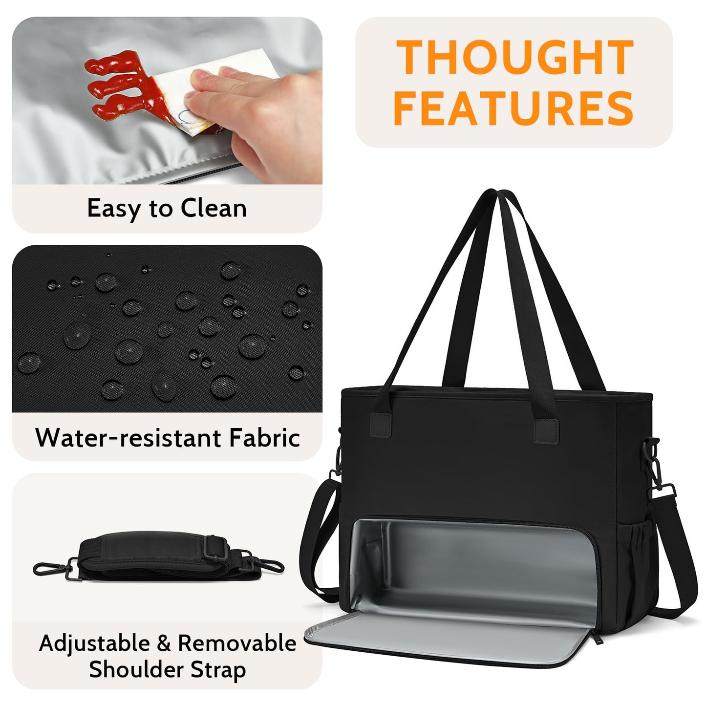Lunch Bag for Women, Tote Bag with Insulated Lunch Compartment, Non-Leather Water-Resistant Polyester Laptop Bag, Large Capacity & Cup Holder, Casual Work Tote for Teacher, Nurse, Travel, Daily, Black