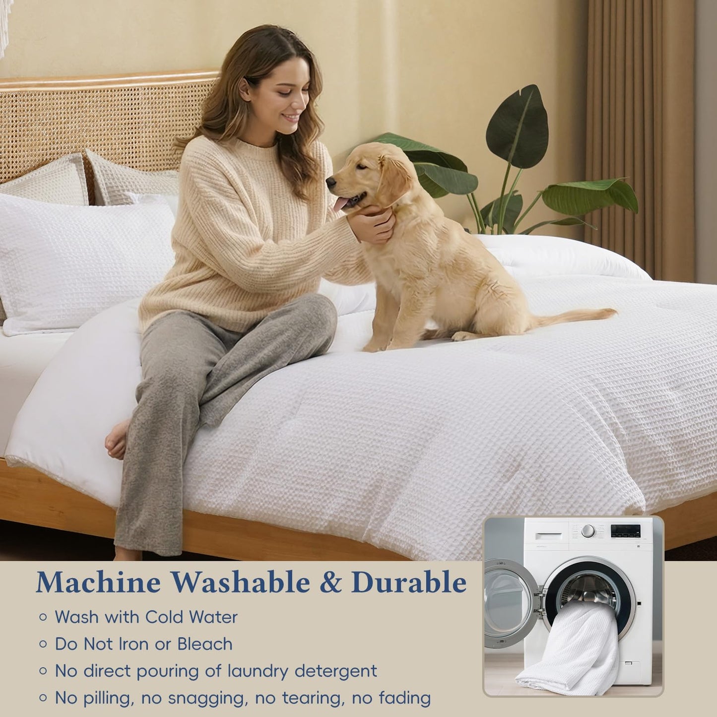 David's Home Waffle Weave Comforter Set 2PCS Twin Size, Soft Breathable Lightweight Cozy Skin-Friendly Warm for All Season, Elegant Aesthetic Home Decor Bedding Set with Pillow Shams, White