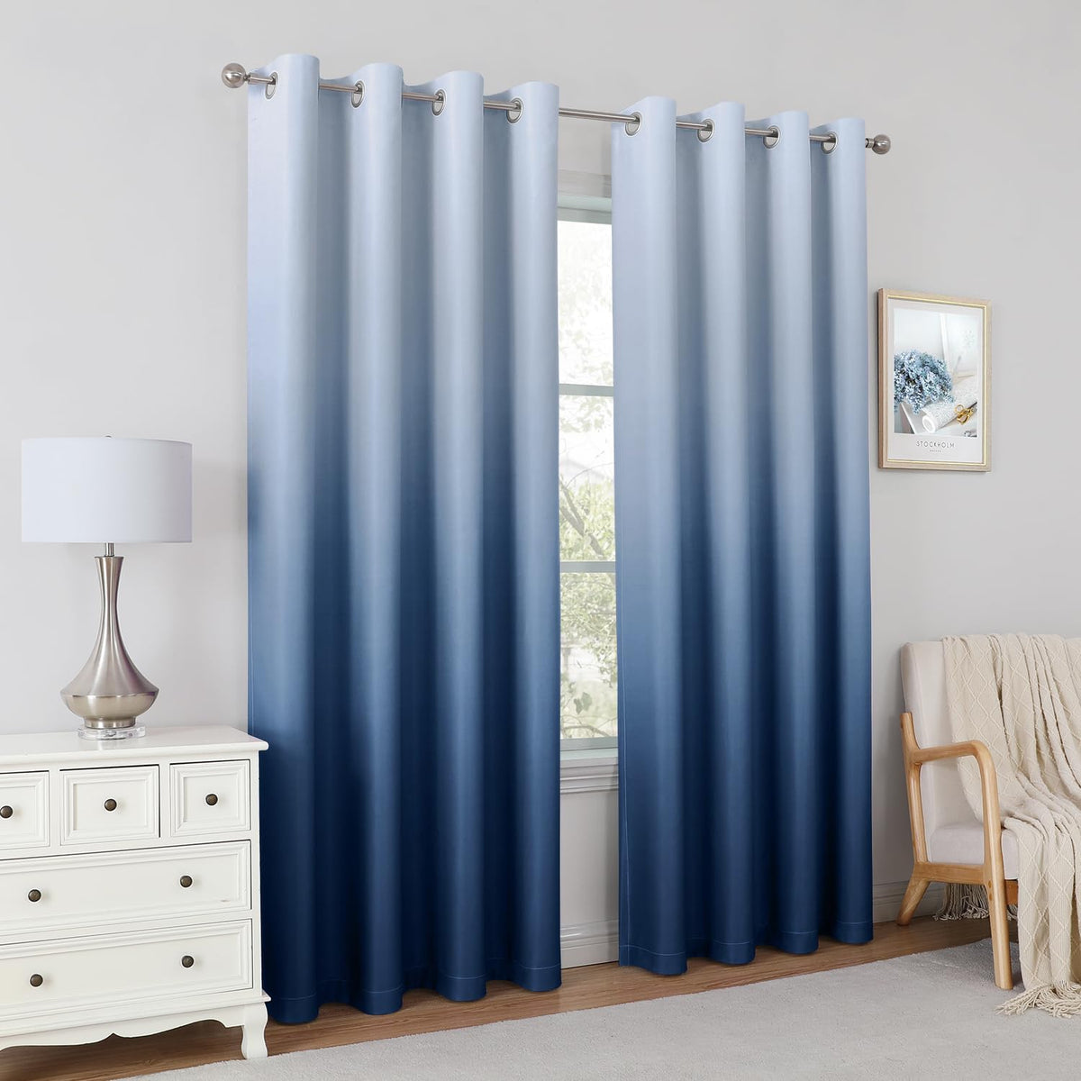 HOMEIDEAS Navy Blue Ombre Blackout Curtains 52 X 84 Inch Length Gradient Room Darkening Thermal Insulated Energy Saving Grommet 2 Panels Window Drapes for Living Room/Bedroom
