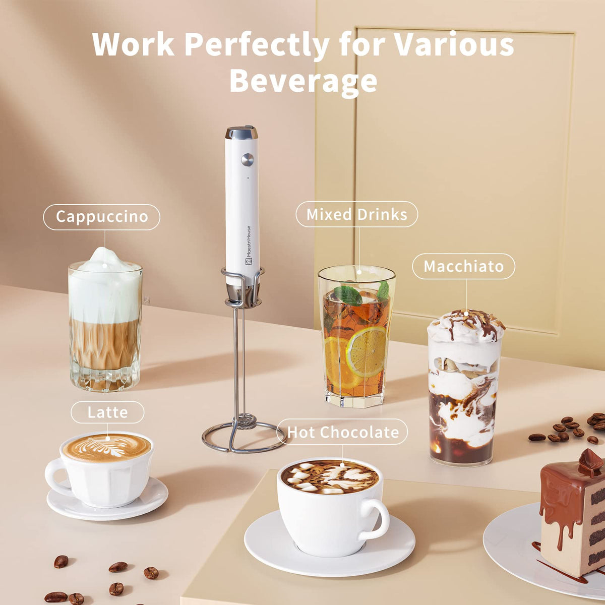 Maestri House Rechargeable Milk Frother, Handheld Electric Foam Maker Waterproof Detachable Stainless Steel Whisk Drink Mixer Foamer with Stand, LunaFro