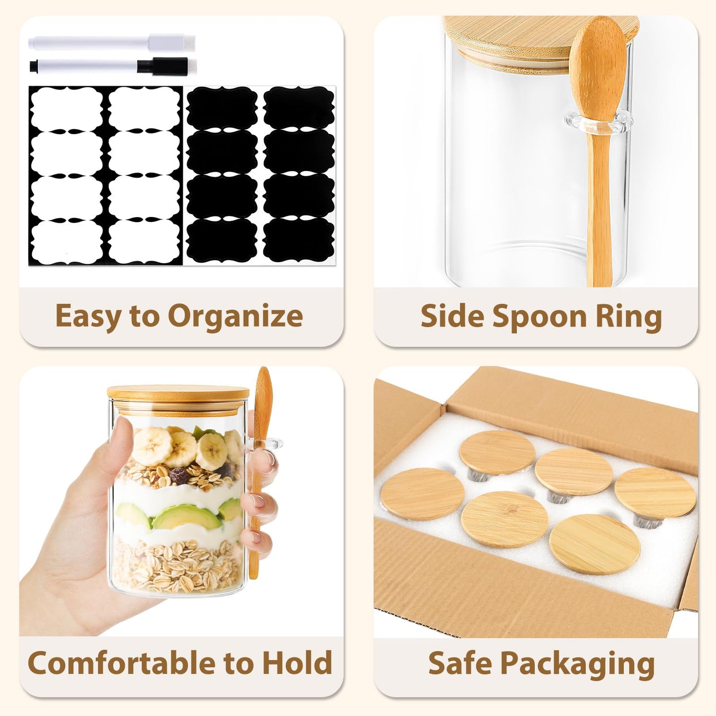 TBWIND 6-Pack 16oz Overnight Oats Jars with Lids and Spoons, Reusable Yogurt Containers with Labels, Glass Food Storage Jars for for Chia Seed Pudding, Salad, Cereal, Coffee, Dry Snacks, Seasoning