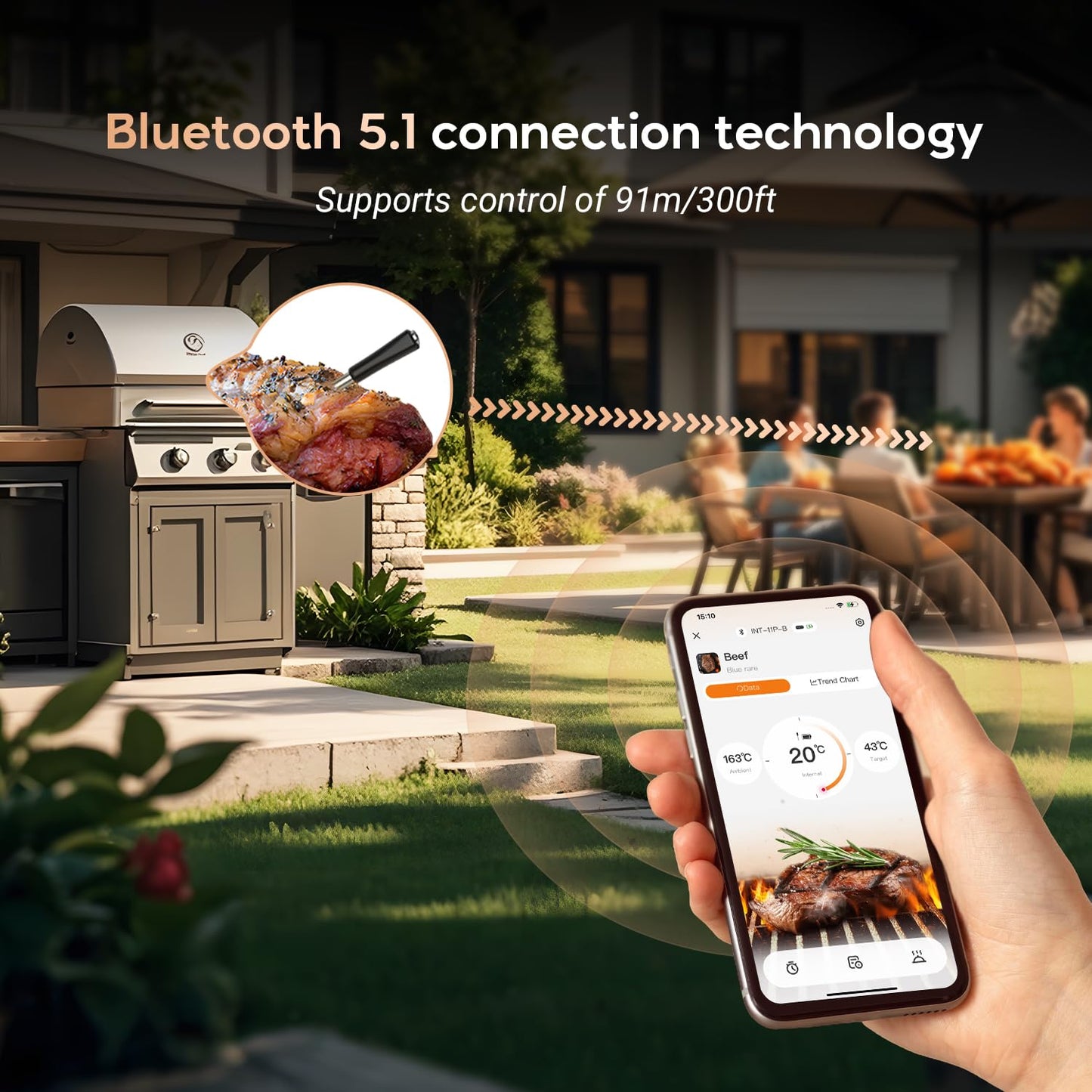 INKBIRD Wireless Meat Thermometer,300ft Bluetooth Thermometer with IP67 Waterproof Meat Probe,Smart App Control for Cooking, Oven, Grill, BBQ, Smoker, Rotisserie Rechargeable