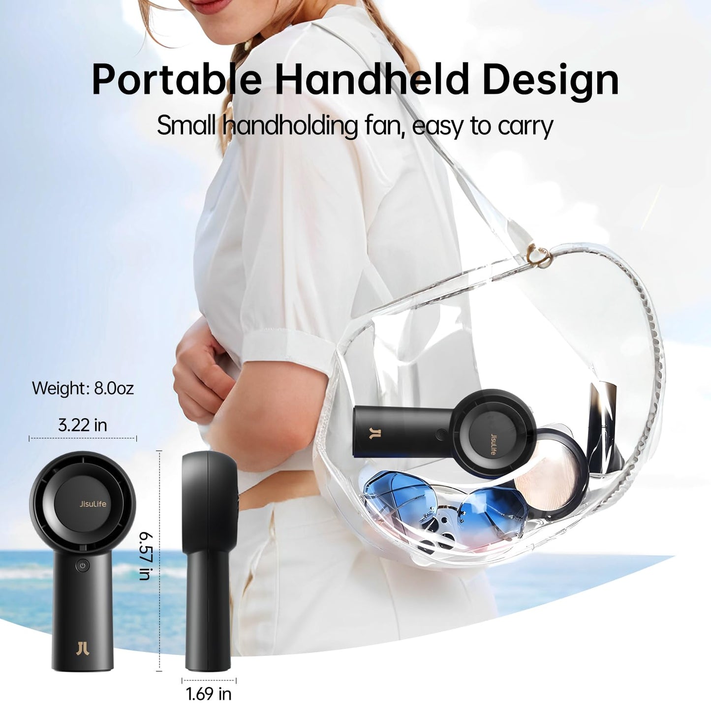 JISULIFE Portable Handheld Turbo Fan [23H Max Cooling Time], 6000mAh USB Rechargeable Personal Battery Operated Lash Small Pocket Fan with 5 Speeds for Travel/Outdoor/Home/Office - Black