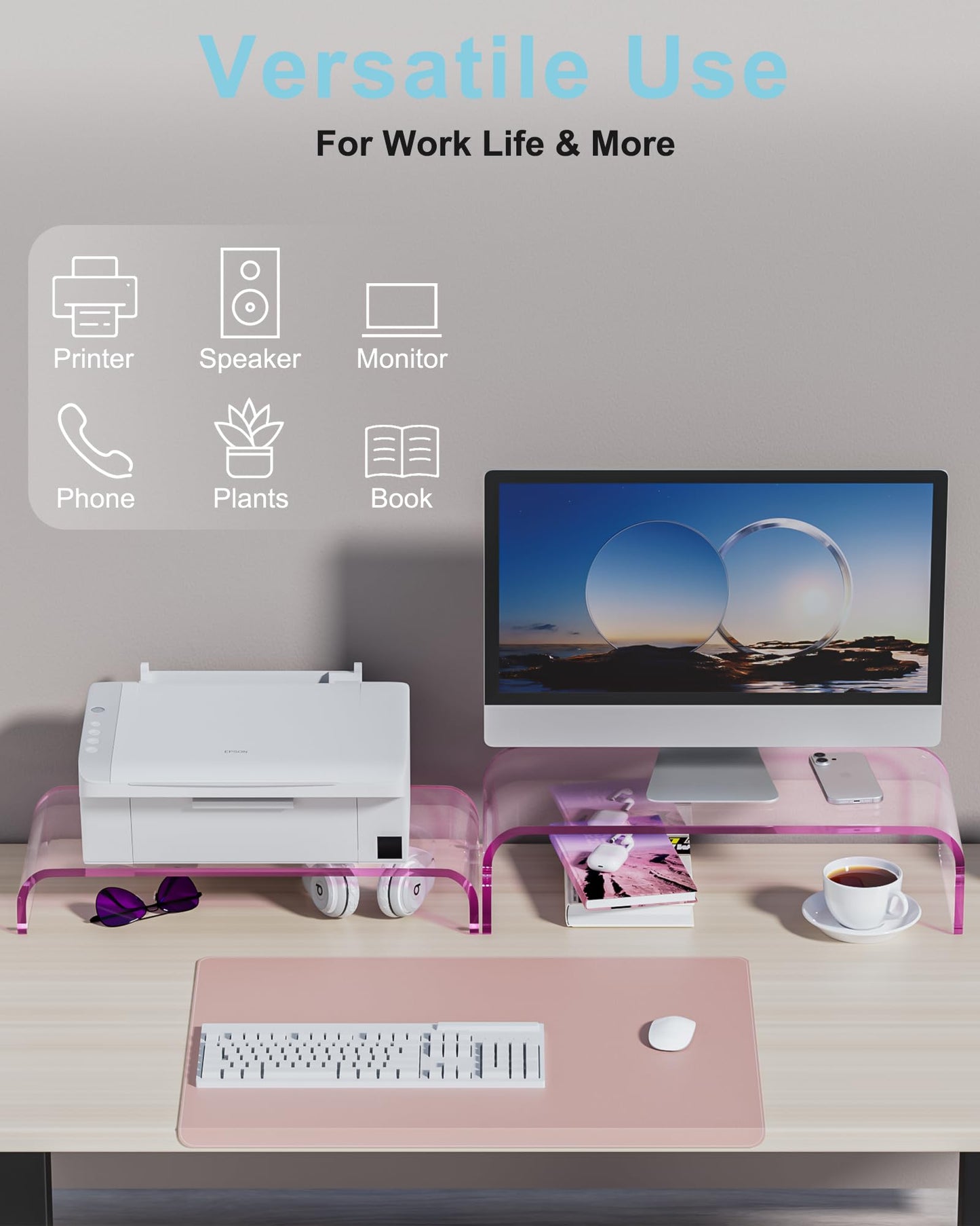 ERGO COLLECT Acrylic Dual Monitor Stand Riser, 2 Tier Detachable Laptop Stand, Computer Desk Organizer Shelf for PC, Laptop, iMac, Home Office (Pink)
