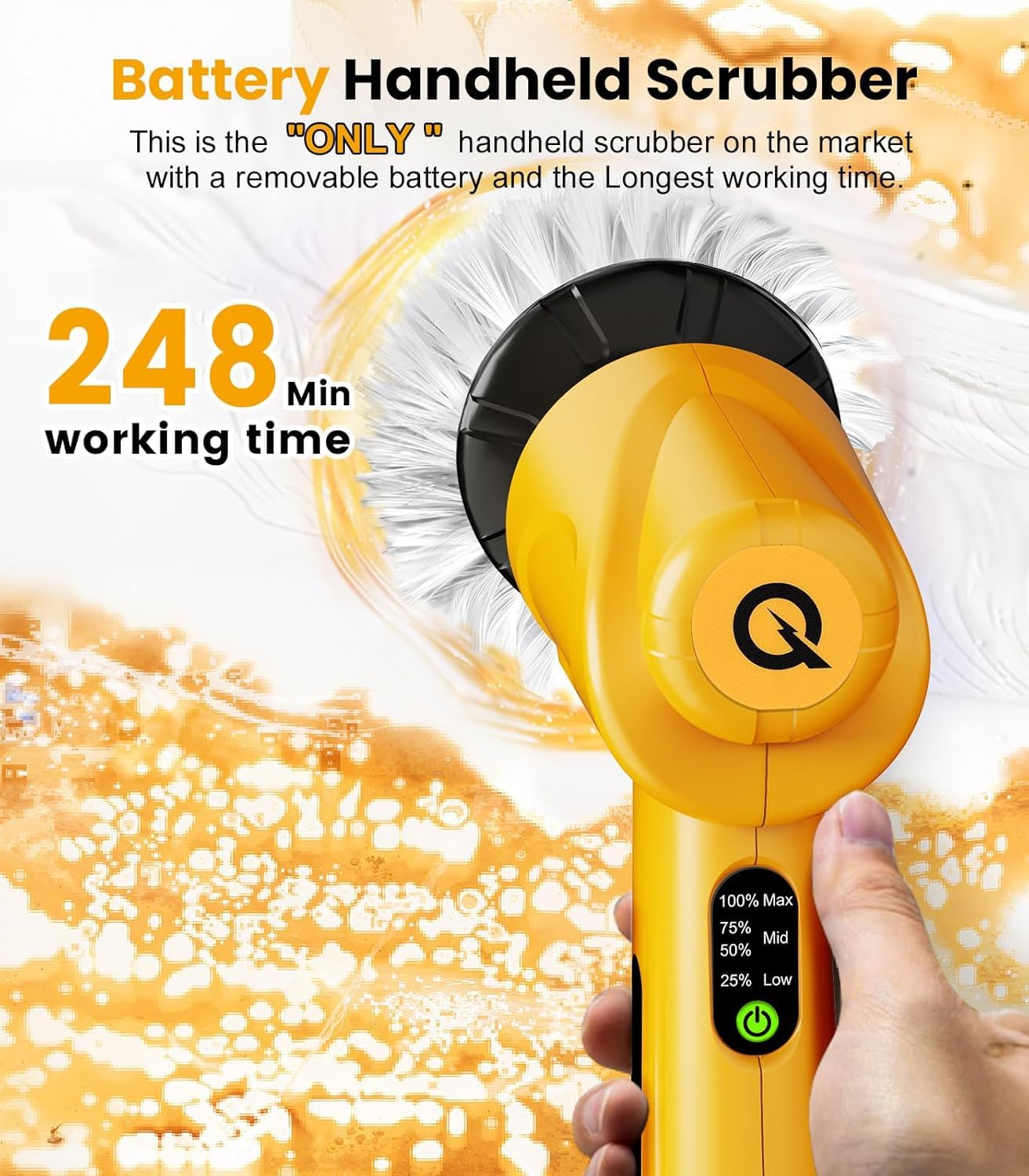 Qimedo Electric Spin Scrubber, 5000mAh Power Handheld Scrubber with 2 Replaceable Batteries & 5 Heads, Household Cordless Cleaning Brush with Display for Kitchen, Sink, Dish, Window & Grout