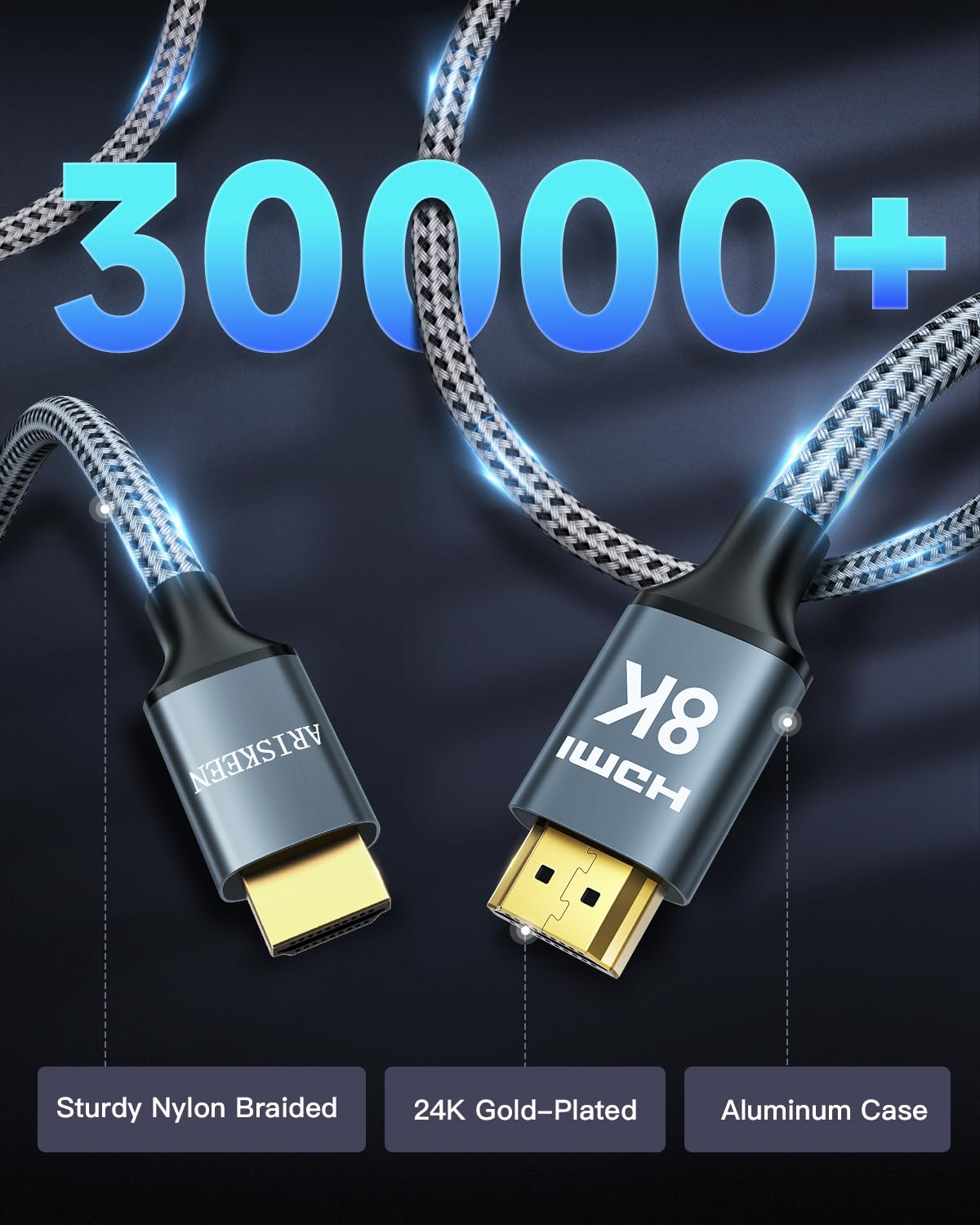 8K HDMI Cables 50FT, ARISKEEN 48Gbps High Speed HDMI 2.1 Cable, 8K 60Hz, 4K 120Hz 144Hz, Supports for Dynamic HDR, HDCP 2.2 2.3, eARC, DTS:X, Braided HDMI Cord - 50 Feet