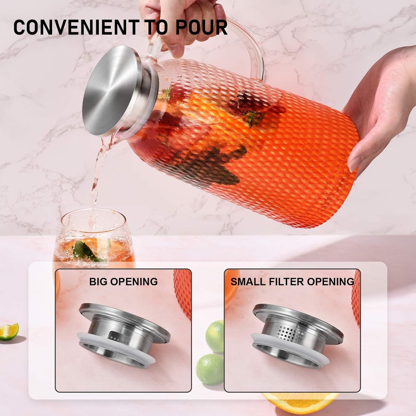 Pitcher, 2.4 L Water Pitcher, Juice Jug Ice Tea Pitcher, Glass Pitchers with Stainless Steel Lid, Heat Resistant Glass, Jug for Homemade Cold/Hot Tea Juice Milk Coffee, Easy Clean