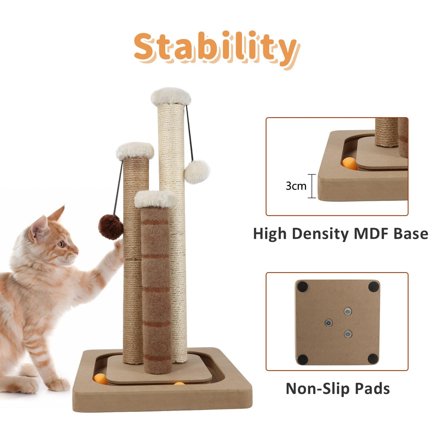 AUSCAT Cat Scratching Post with 3 Scratching Poles, Vertical Sisal Cat Scratcher with Dangling Balls & Track Balls, Scratching Post for Indoor Cats and Kittens