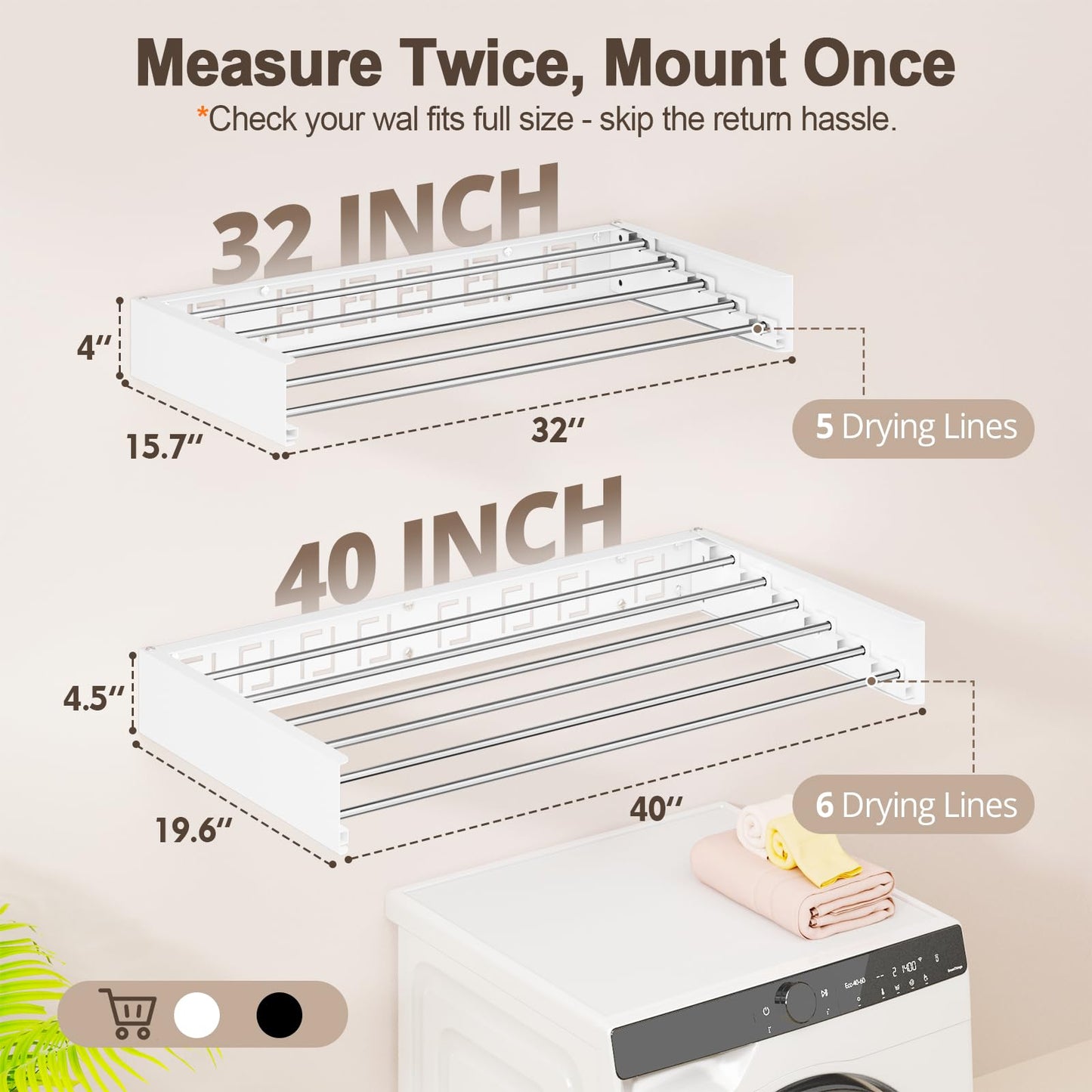 Vasunray Wall Mounted Clothes Drying Rack Folding Indoor, Foldable Laundry Drying Rack Collapsible,Invisible, Space Saving, Retractable Towel Drying Rack, with Wall Template(6 Drying Rods, White 40")