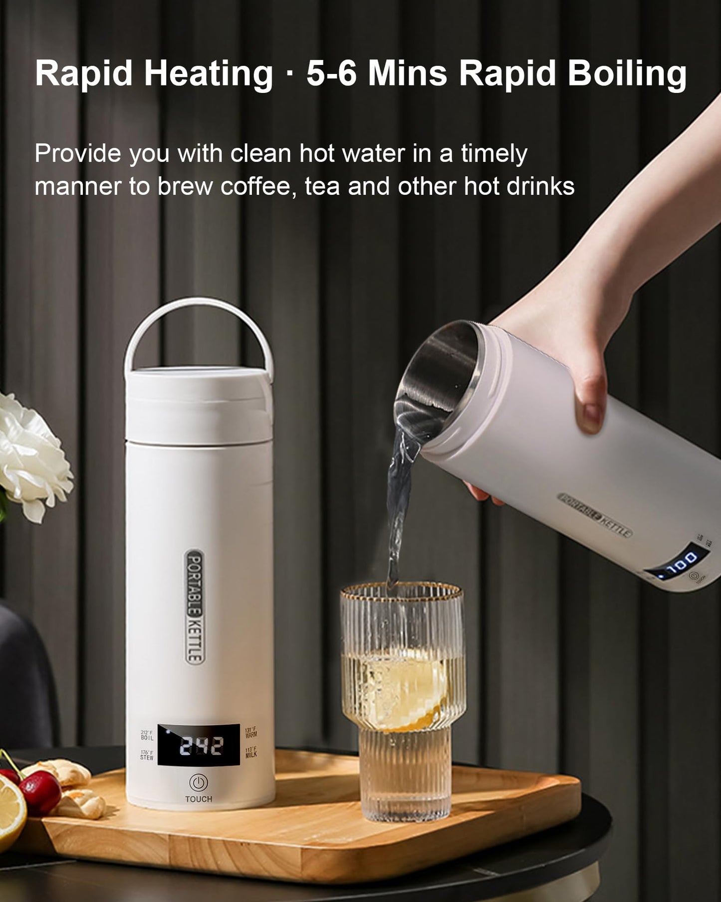 VICBINLY Travel Electric Tea Kettle, 450ml Portable Kettle, Mini Tea Kettle, One Cup Hot Water Boiler Mini Kettle Automatic Shut Off, Temperature Control, White TKB03