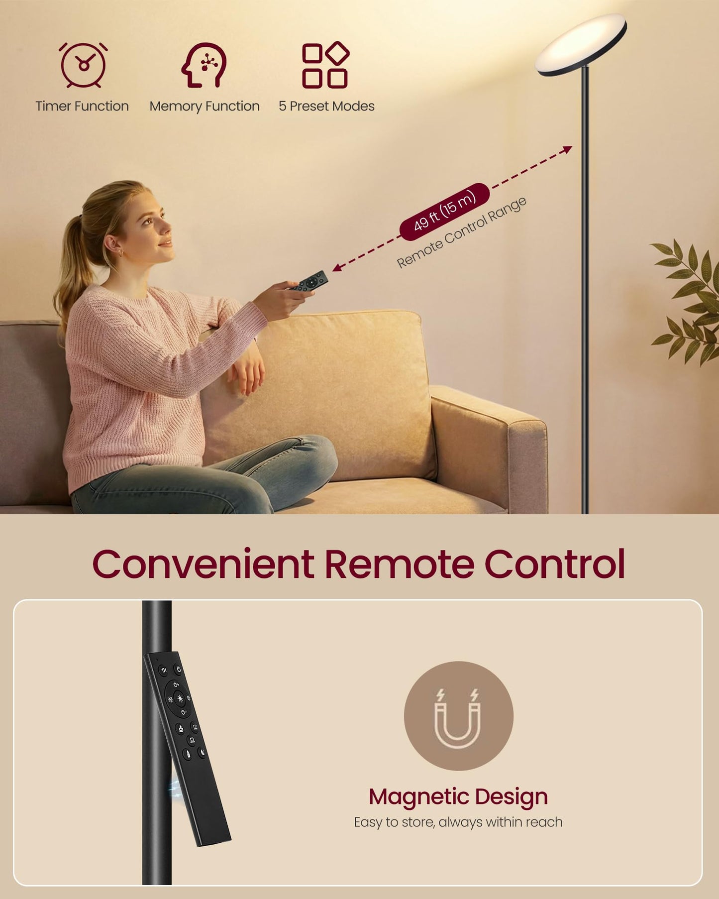 VASAGLE LED Floor Lamp, 30W Standing Lamp with Rotatable Head for Bedroom, Office, Timer and Memory Function, Remote Control, Matte Black ULFL018BD01