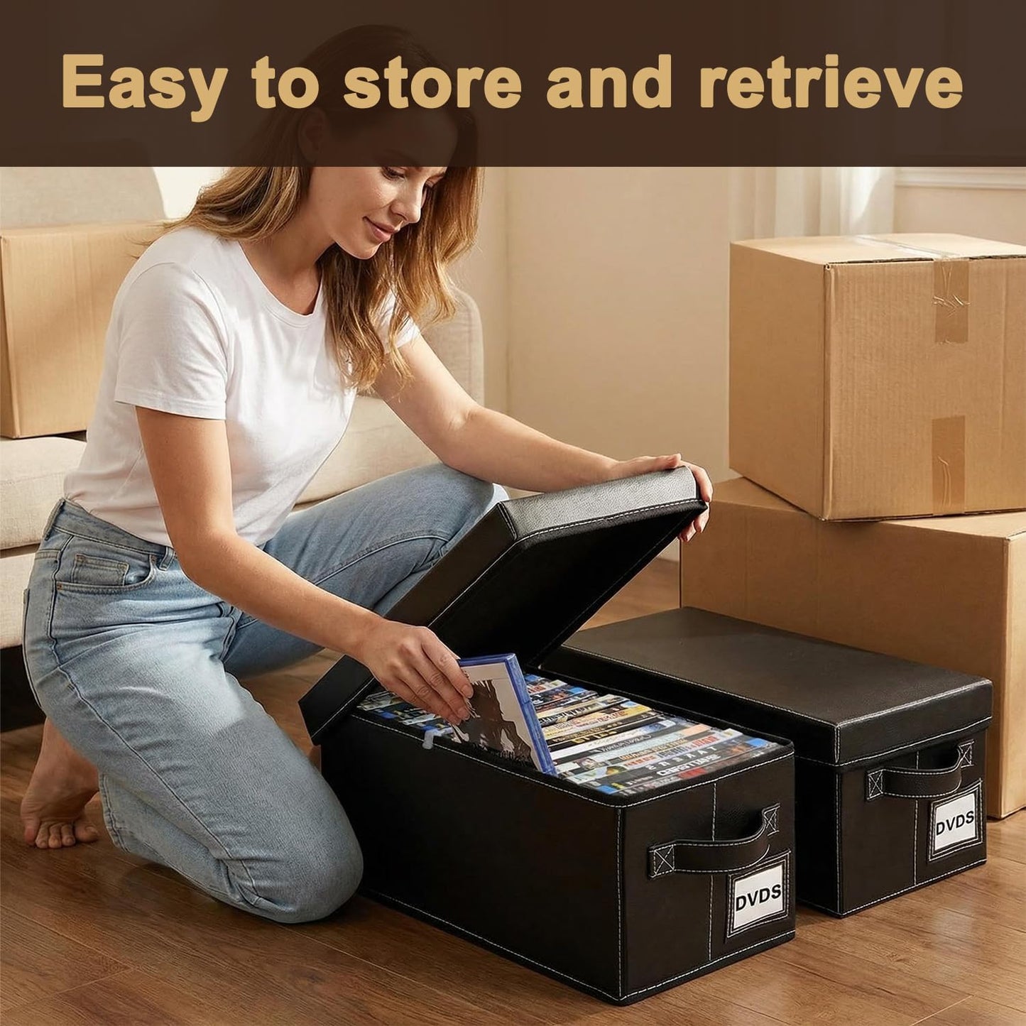 Salajory DVD Storage Boxes 4 Pack, Holds 100 DVDs, PU Leather Media Organizer Case for Blu-ray, Game & Movie Discs with Handle, 15.7x7.9x5.7 Inches, Desktop or Closet Storage