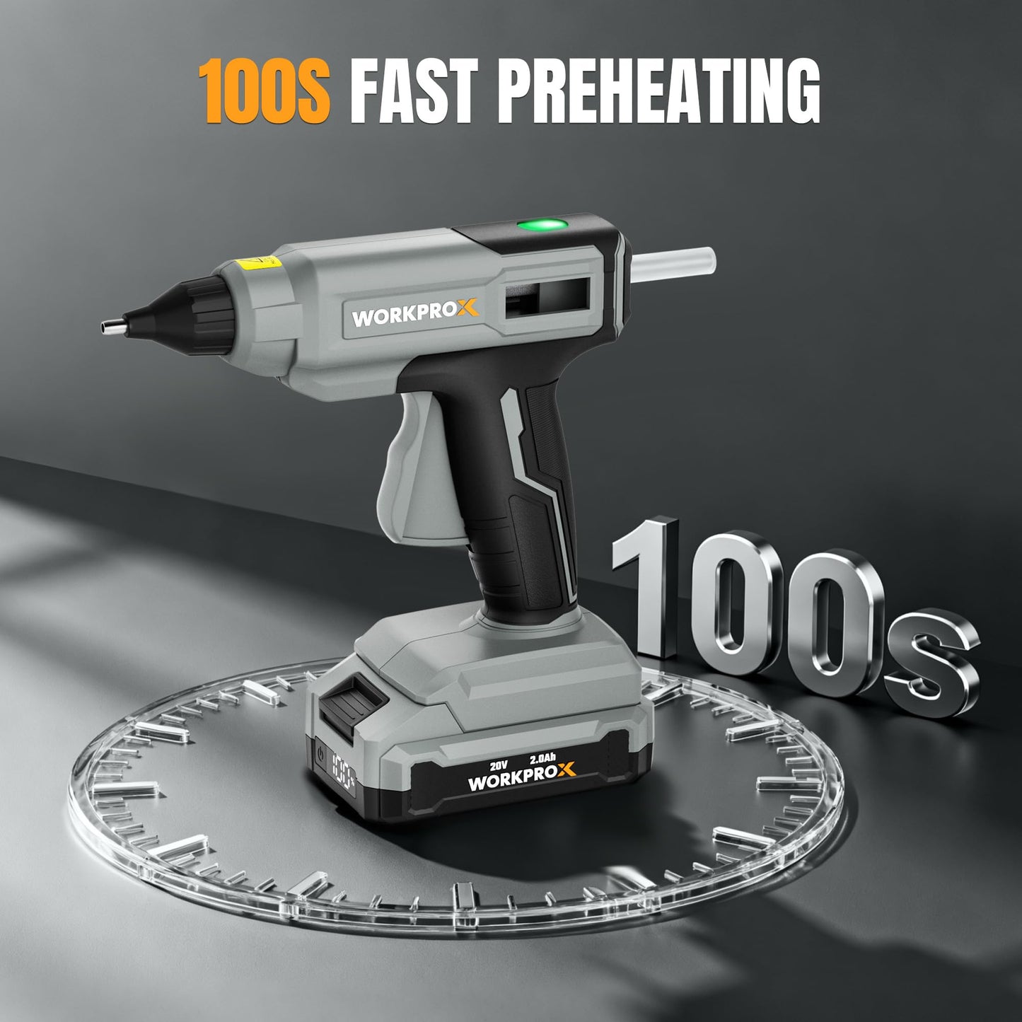 WORKPROX Cordless Hot Glue Gun, 20V Rechargeable Full-Size Glue Gun Kit with 20pcs Glue Sticks, 90min Runtime, 2Ah Battery, USB-C Charging Cord, Smart Power-Off for DIY Crafts, Repair, School Projects
