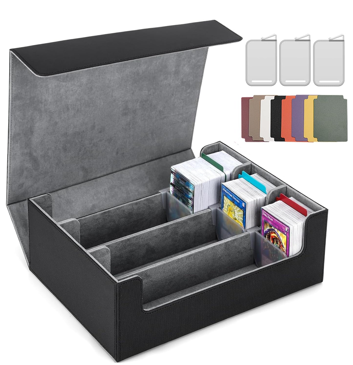 TERRALYX Card Deck Case for Trading Cards 1800+, Trading Card Storage Box with 8 Dividers and 3 Stoppers, Leather Magnetic Closure Deck Box Fit for YuGiOh, MTG and Sport Cards（gray）