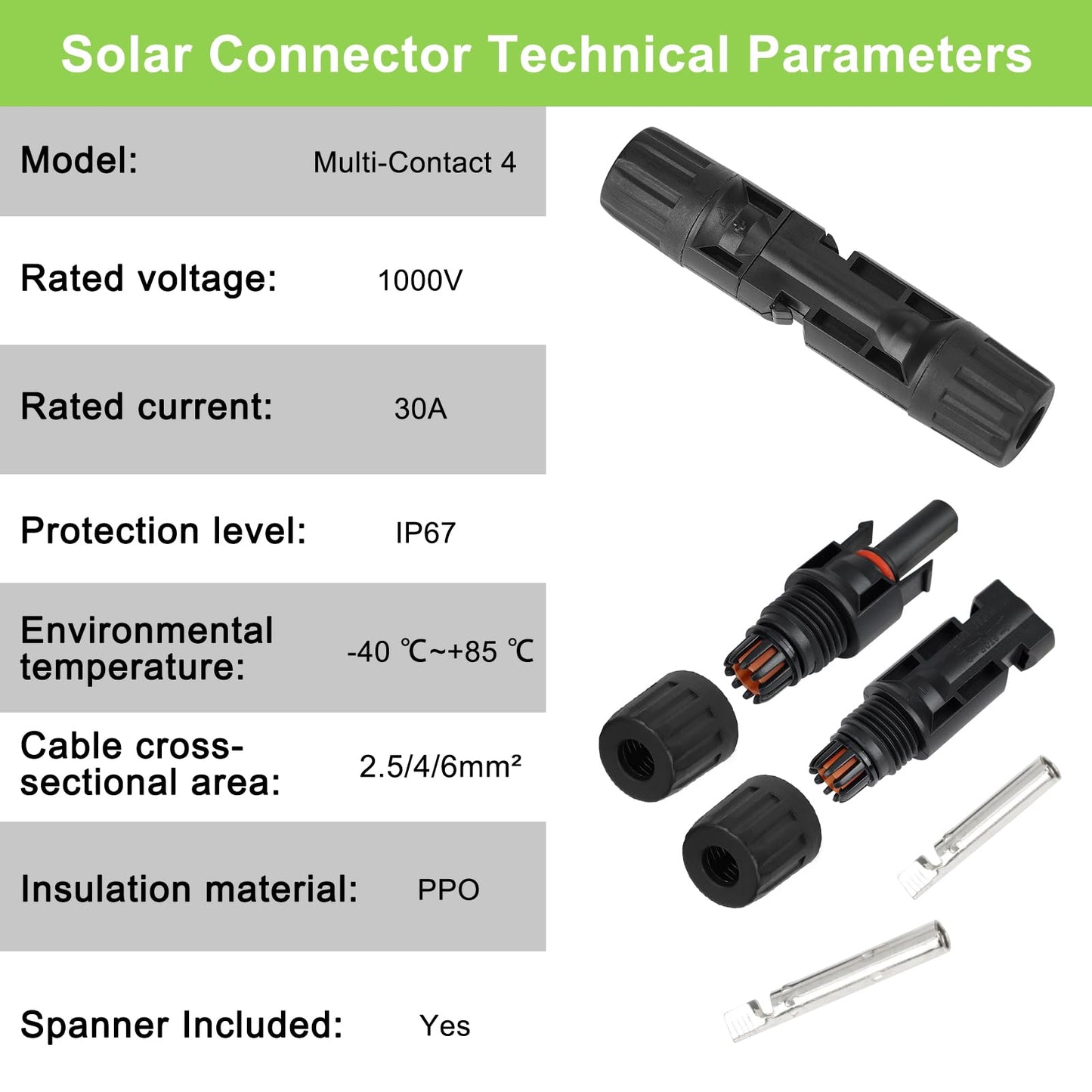 MC4 Solar Connectors 30 Pairs/60pcs Solar Panel Cable Connectors Waterproof IP67 1000V 30A Male/Female Connector with 2 Pack Wrenches