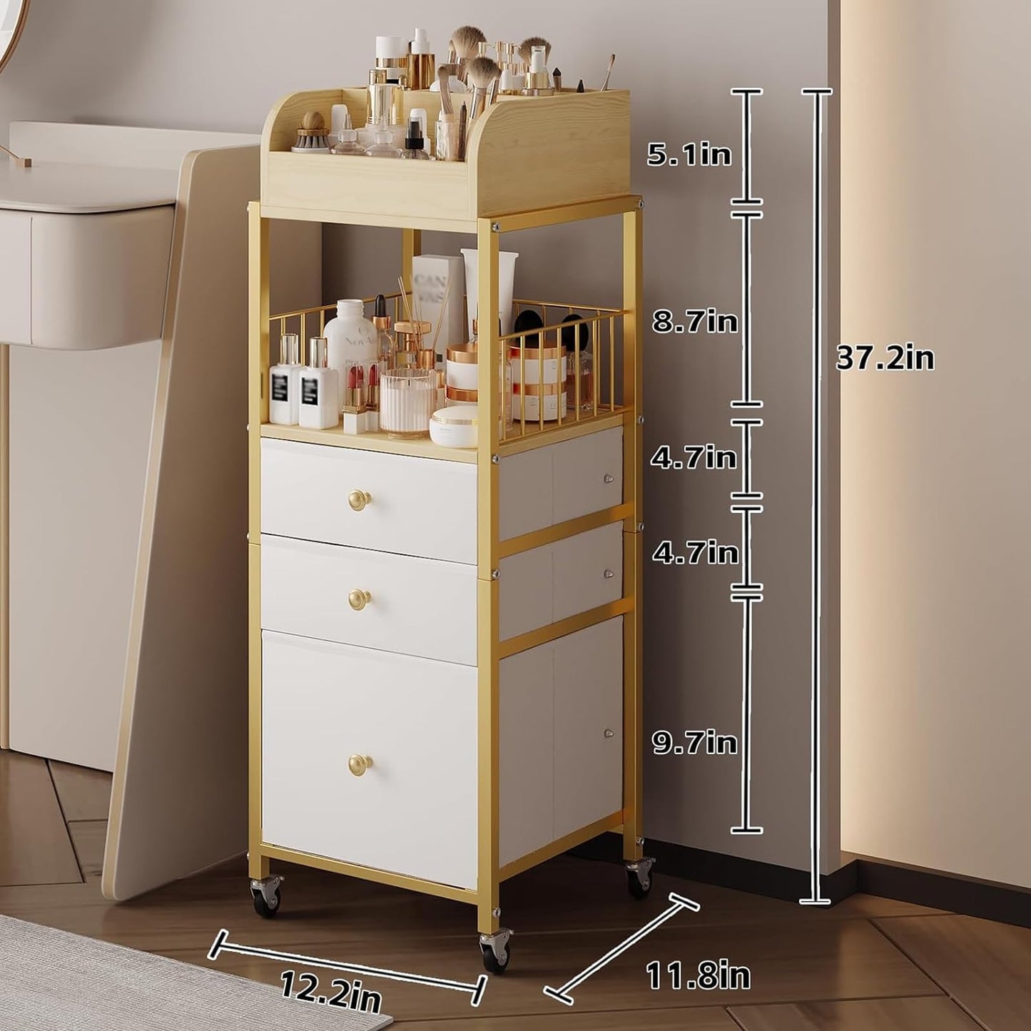 Makeup Organizer Cart with Drawers, Floor Skincare Organizers Make Up Organizers-Vanity Organizer Cosmetic Display Cases Holder for Skin Care Perfume Nail Polish Brush Hair Tool（Gold）