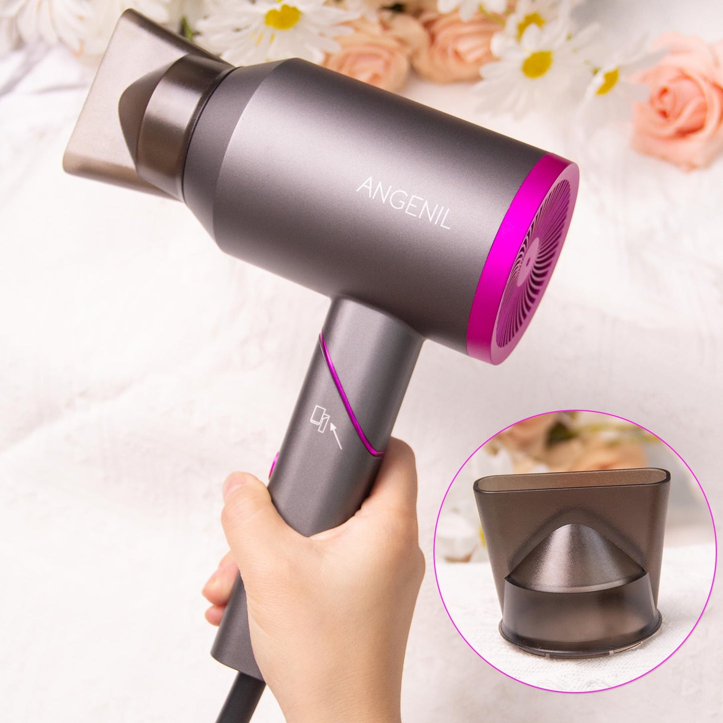 ANGENIL Ionic Hair Dryer, Professional Low Noise Blow Dryer, Fast Drying, Travel Hair Dryer Foldable Handle, 3 Constant Temp/2 Speed, Lightweight Portable Hairdryer for Women & Men, with Nozzle