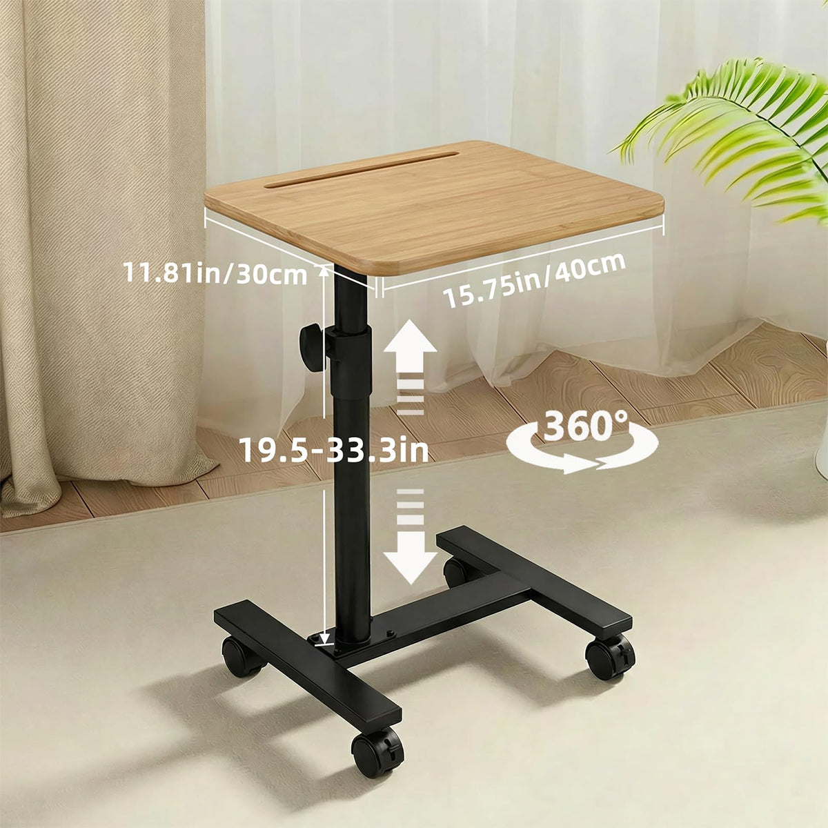 C Shaped TV Tray Table, 360° Swivel Adjustable Height Sofa Side Stand End for Couch, Living Room, Small Mesa para Laptop with Phone Slot, for Bedside, Recliner, Eating, Bamboo-Wood, with Wheels
