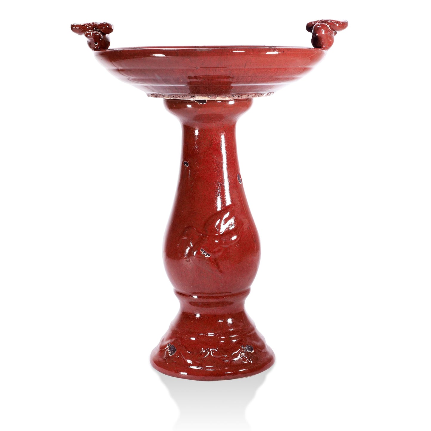 Alpine Corporation 25" Tall Outdoor Ceramic Antique Pedestal Birdbath with 2 Bird Figurines, Red