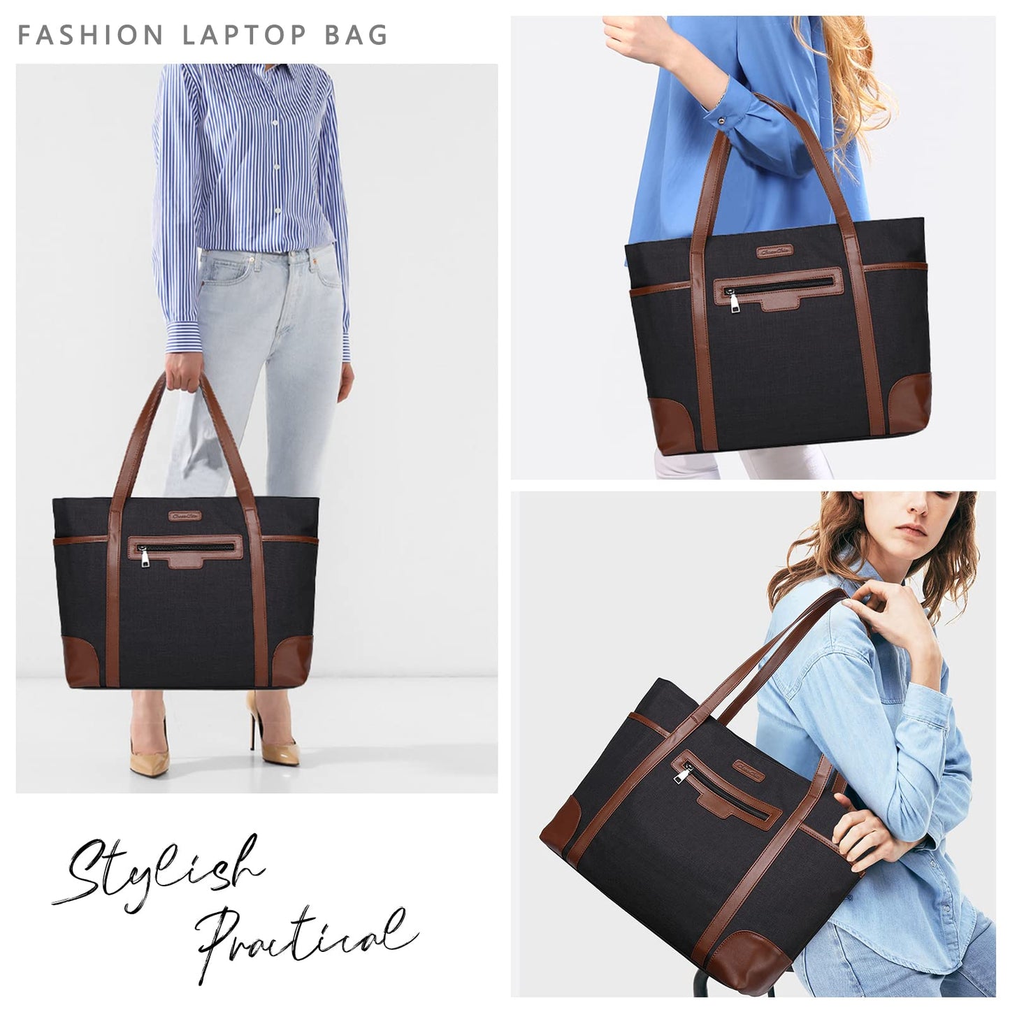 Laptop Bag for Women, Chasechic Water-Resistant Classic Work Tote Shoulder Bag fits 15.6 Inch Laptop with Luggage Strap Brown