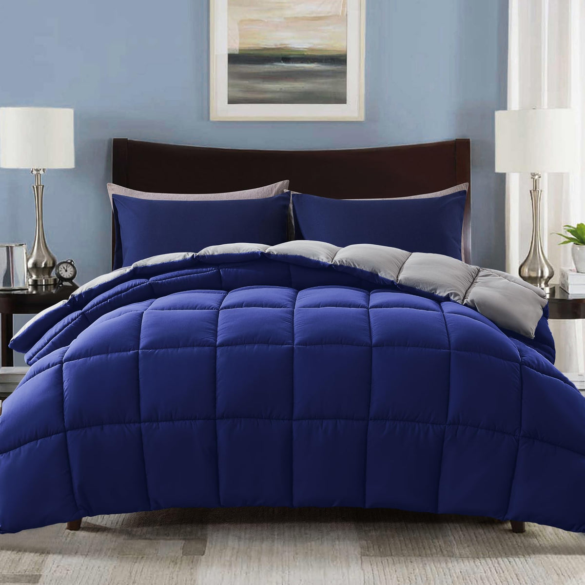 Decroom Lightweight Full Comforter Set with 2 Pillow Sham - 3 Pieces Set - Quilted Down Alternative Comforter/Duvet Insert for All Season - Blue/Grey - Full Size