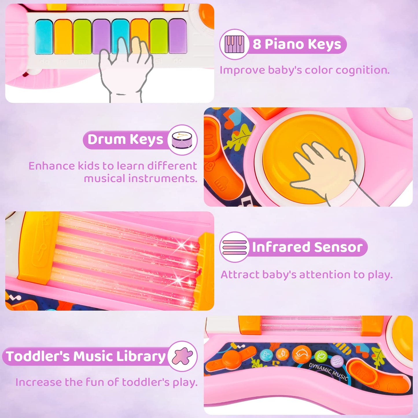 Kids Guitar 2 in 1 Musical Instruments for Kid - Fun Piano Toddler Toy & Electric Guitars | Explore Creativity | Unleash Child’s Talent, Music Toys for 2-4 Year Old Boys & Girls (Pink)