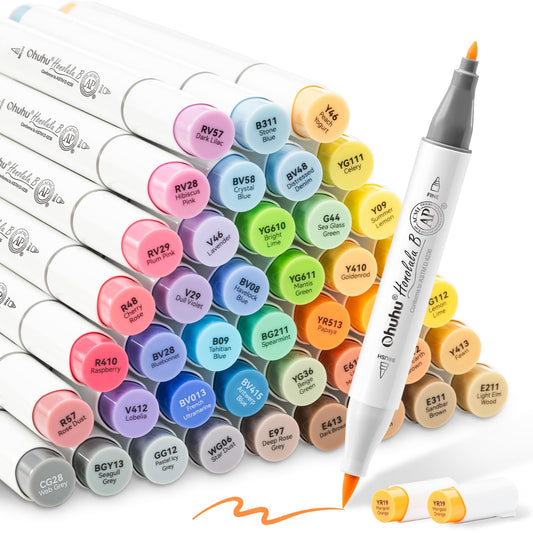 Ohuhu Alcohol Brush Markers 48 Mid-tone Colors- Double Tipped Alcohol Based Art Marker Set for Artists Adults Coloring Sketch Illustration- Brush & Fine Dual Tips- Honolulu B