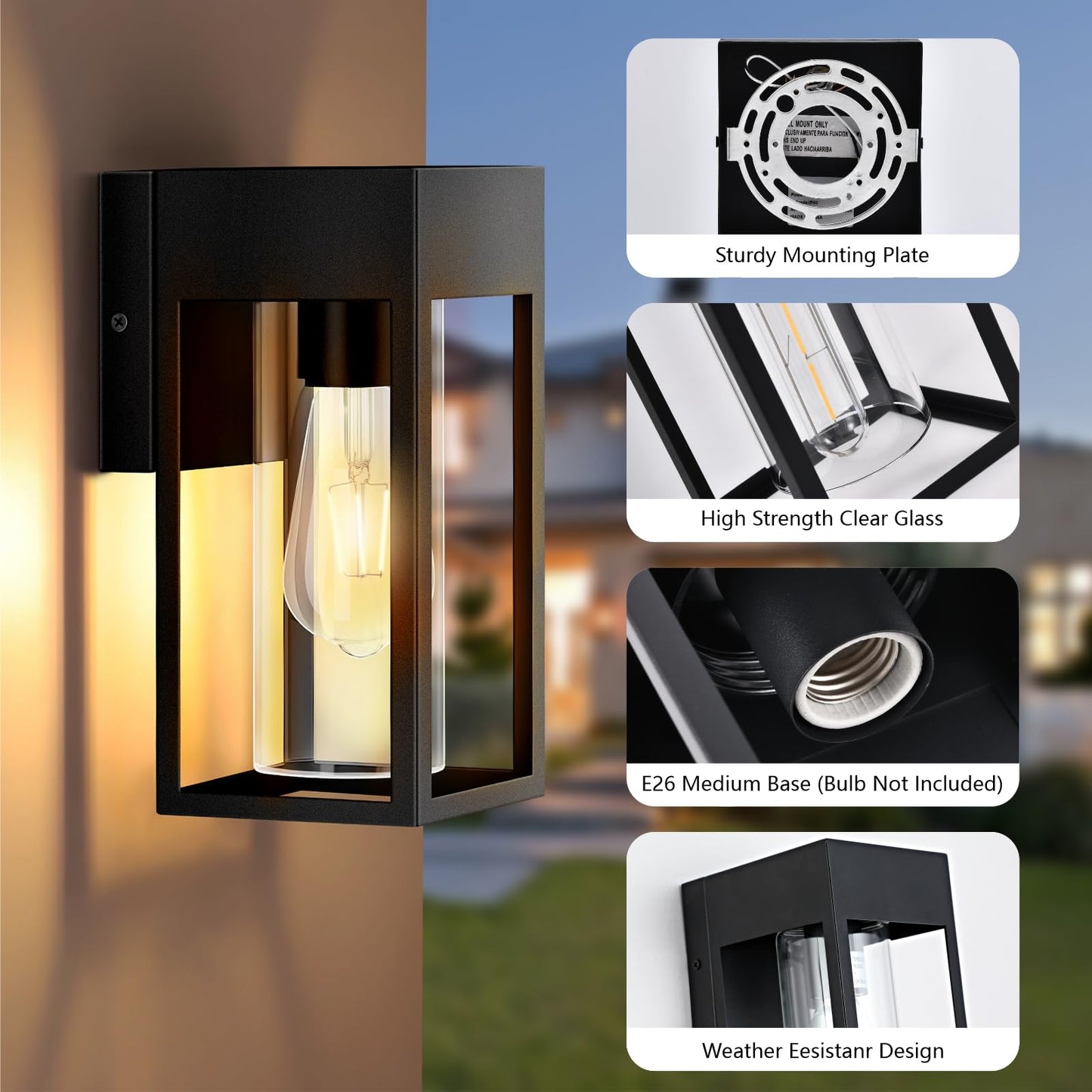 2-Pack Outdoor Wall Light Fixtures, Exterior Waterproof Lanterns, Porch Sconces Wall Mounted Lighting with E26 Sockets & Glass Shades, Modern Matte Black Wall Lamps for Patio Front Door Entryway