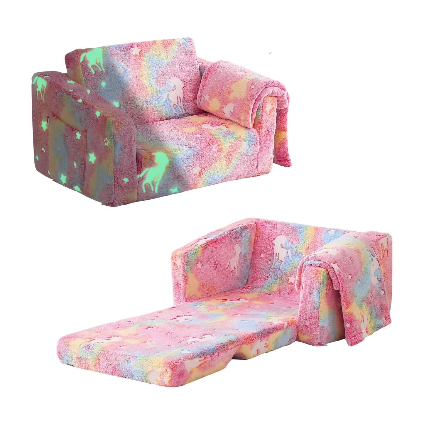Kisdsa Toddler Couch Fold Out, Foldable Toddler Chair with Blanket, Flip Out Kids Couch,Glow in the Dark Convertible Sofa Gift for Girls & Boys (Glow Pink)