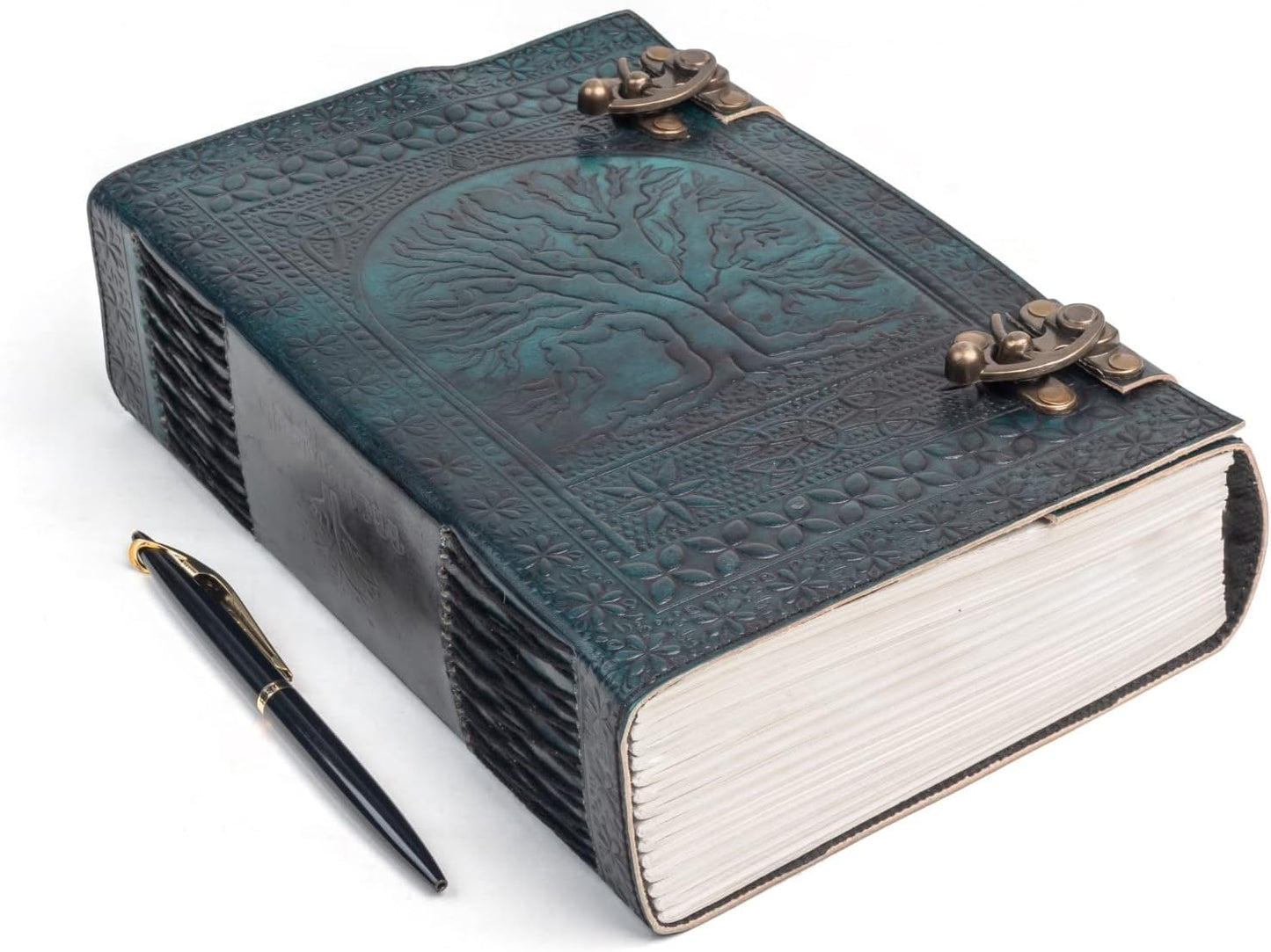 TUZECH 600 Pages Handmade Large Leather Journal Diary Embossed Tree of Life Book Of Shadows Hocus Pocus Notebook Writing Grimoire Sketchbook (7 x 10 Inches) (Green)