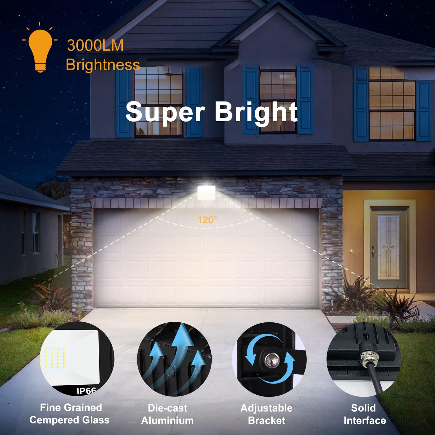 30W Flood Light Outdoor, 3000lm LED Flood Light IP66 Waterproof Plug in Outdoor Lights 6500K 2Pack Work Light for Yard Garden Stadium Garage Playground