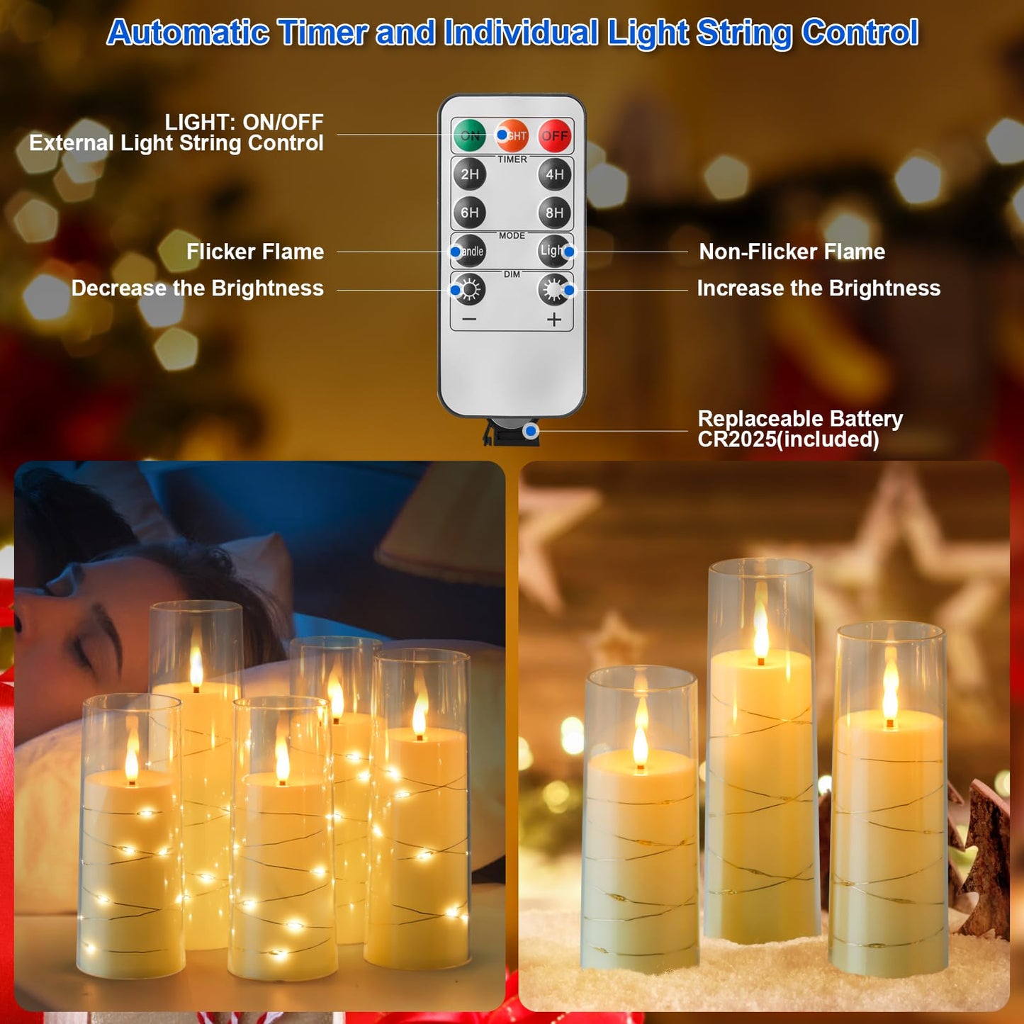 Liomus Flickering Flameless Candles, LED Pillar Canldes with String Light,Battery Operated Remote Control Timer Flameless Candles for Wedding Christmas Home Decor Set of 7 (D2.3in*H5 6 7in) (Ivory)