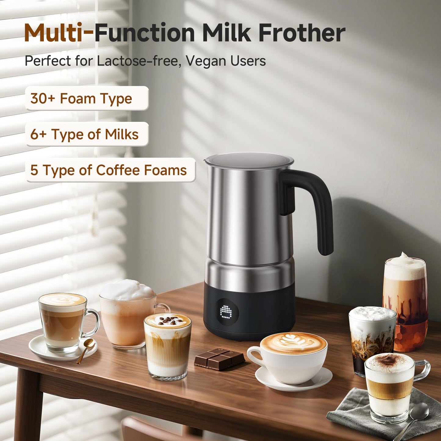 AMZCHEF 8-in-1 Milk Frother Electric, 17oz (500ml) Stainless Steel Mousseur A Lait, Coffee Frother & Steamer for Latte, Cappuccino, Hot Chocolate, Dishwasher Safe
