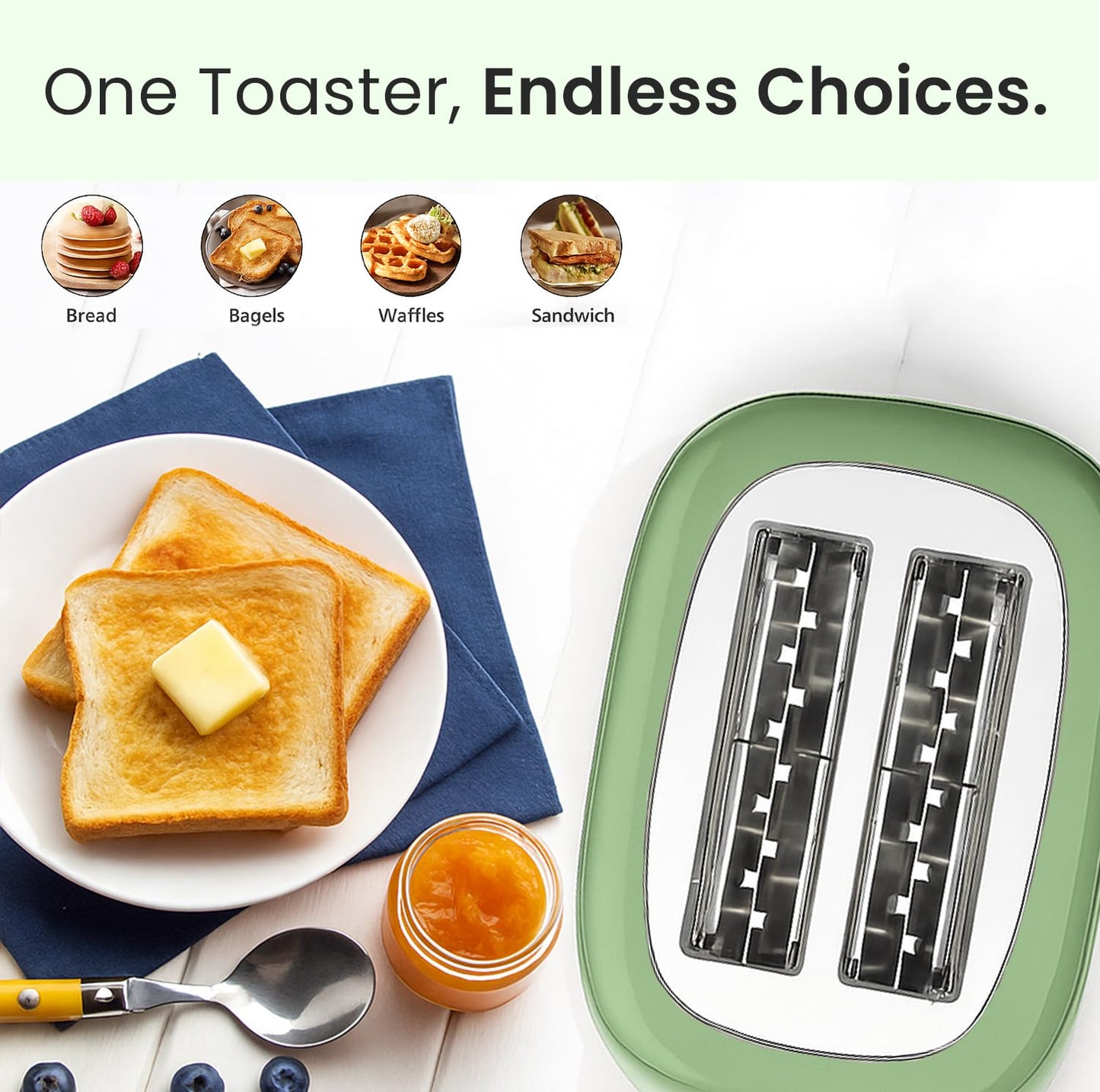 BLITZ Retro 2-Slice Stainless Steel Toaster, Cream Finish – Adjustable 6 Browning Levels, 1.5-Inch Extra-Wide Slots, Bagel/Defrost/Cancel Functions, and Removable Crumb Tray (Retro-Green)