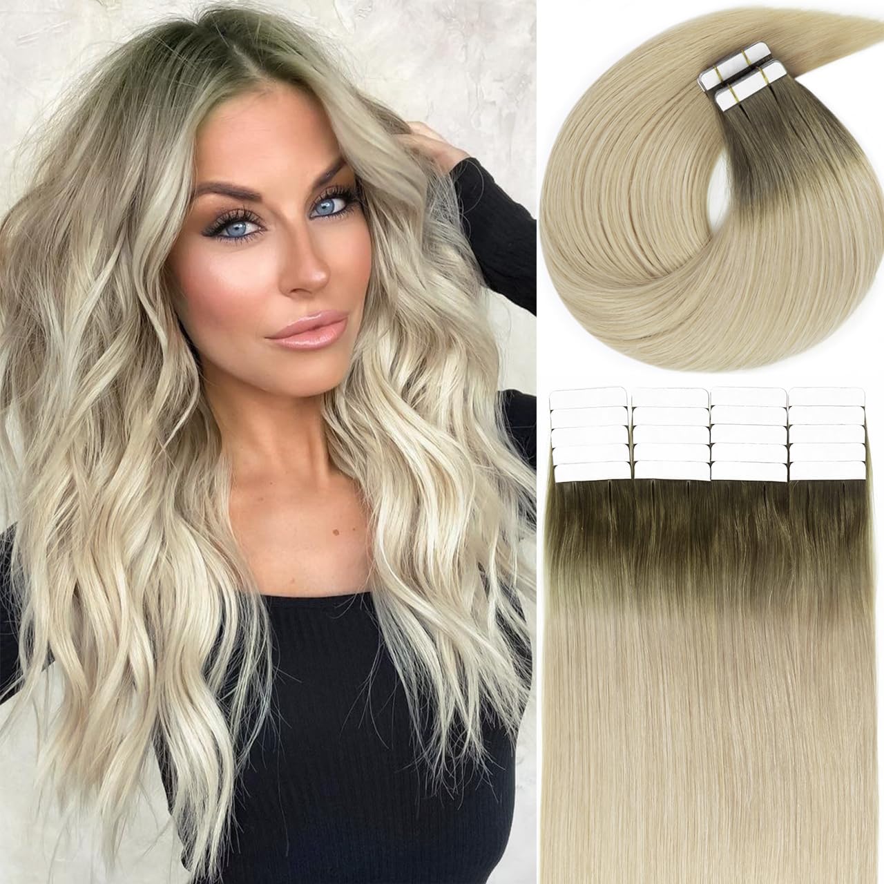 Lacer Hair Natural Hair Remy Tape in Human Hair Extensions #8G/60A Light Ash Brown to Light Platinum Blond Dip Dyed Seamless PU Skin Weft Real Remy Invisible Hair Double Side 50g 20pcs 18inch