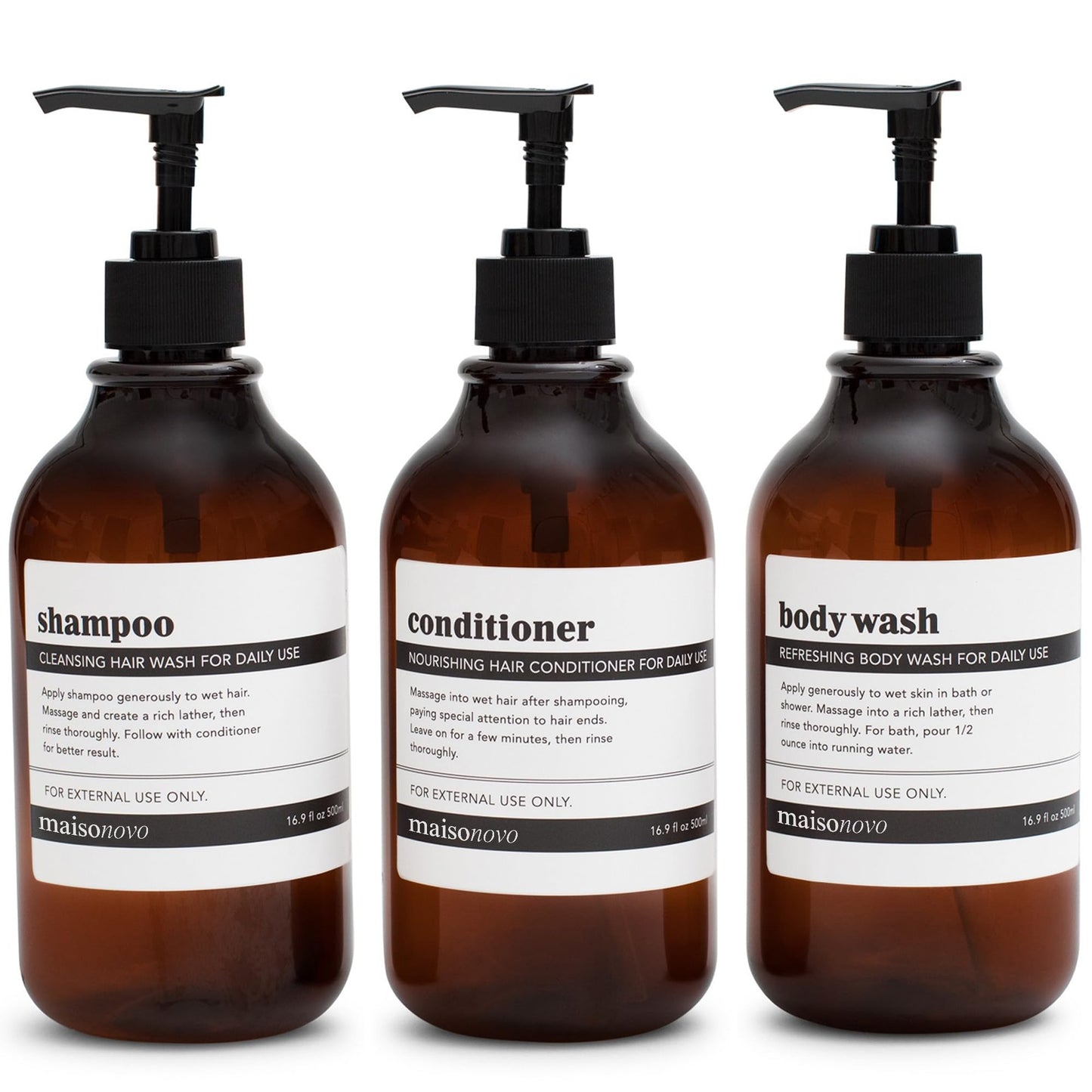 MaisoNovo Shampoo and Conditioner Dispenser Set of 3-500 ml Amber Shower Soap Dispenser with Black Pump - Luxury Shampoo Bottles Refillable for Bathroom with Waterproof Labels