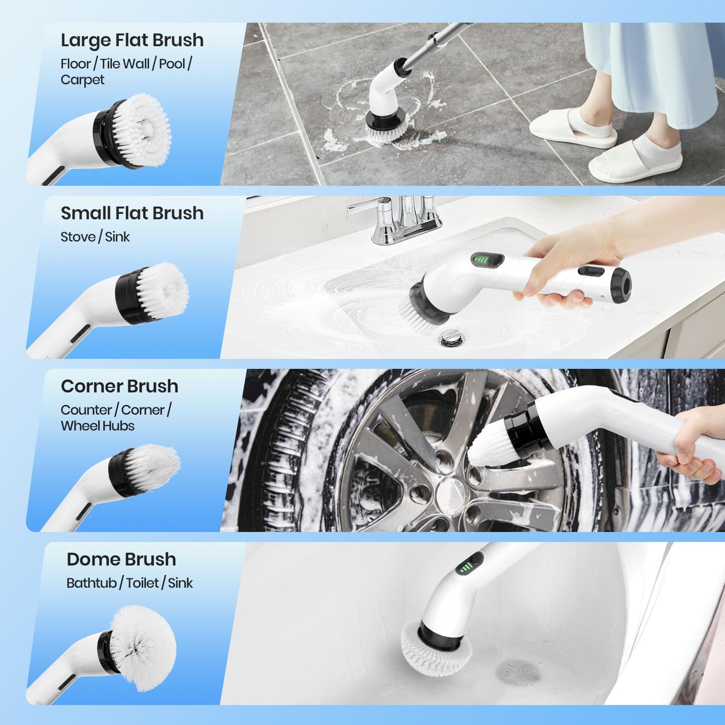 Keimi Electric Spin Scrubber, New Full-Body IPX7 Waterproof Cordless Bathroom Scrubber with 8 Replaceable Heads, Upgraded Extension Handle, Shower Cleaning Brush for Bathtub, Tile, Floor, Black