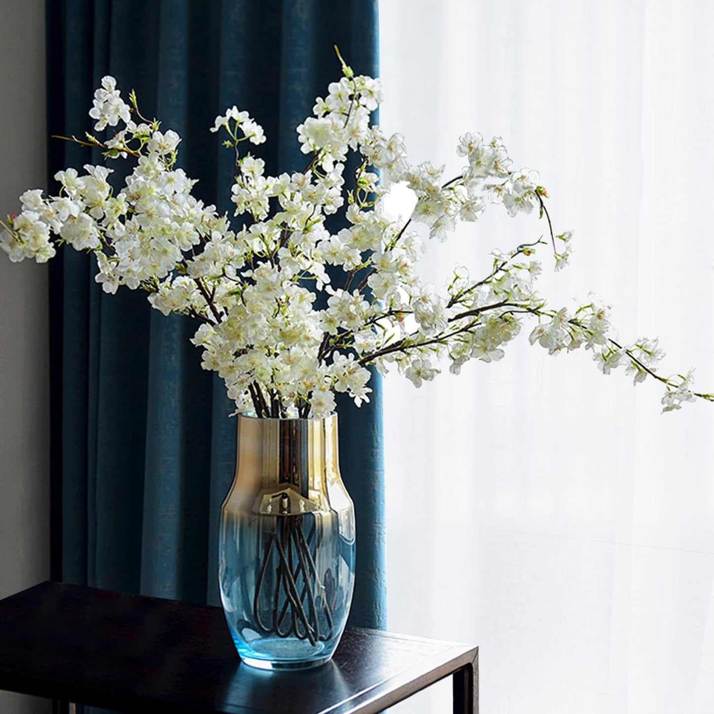 Bacucine 6PCS Artificial Cherry Blossom Branches Faux Cherry Silk Flowers Vine Tall Stems Artificial Flower for Vase Wedding Home Decor (White)