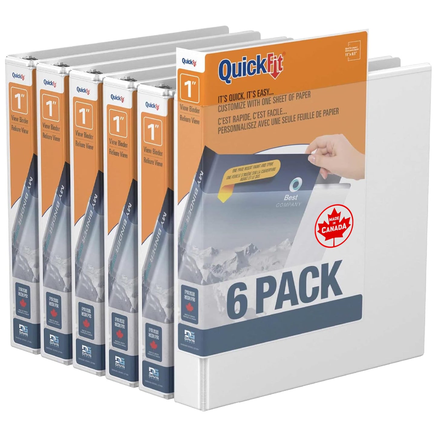 QuickFit View Binder, 3-Ring Binder for School or Office, Round Ring, White, 6 Pack, 1 Inch