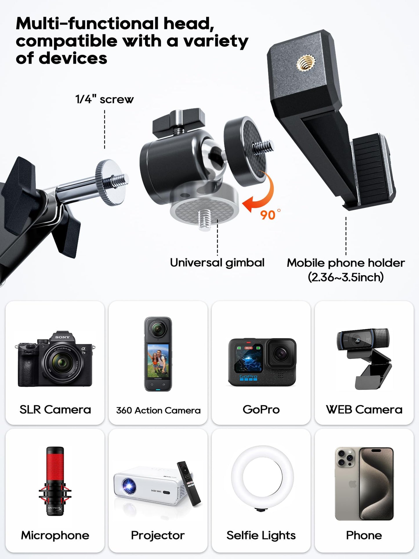 CACENCAN Overhead Camera Mount, 5lb Horizontal Load-Bearing, 360° Adjustable Stand for Desk, Flexible Camera Arm Desk Mount, with Phone Clamp, Tabletop Mount for DSLR Camera/Webcam/Microphone